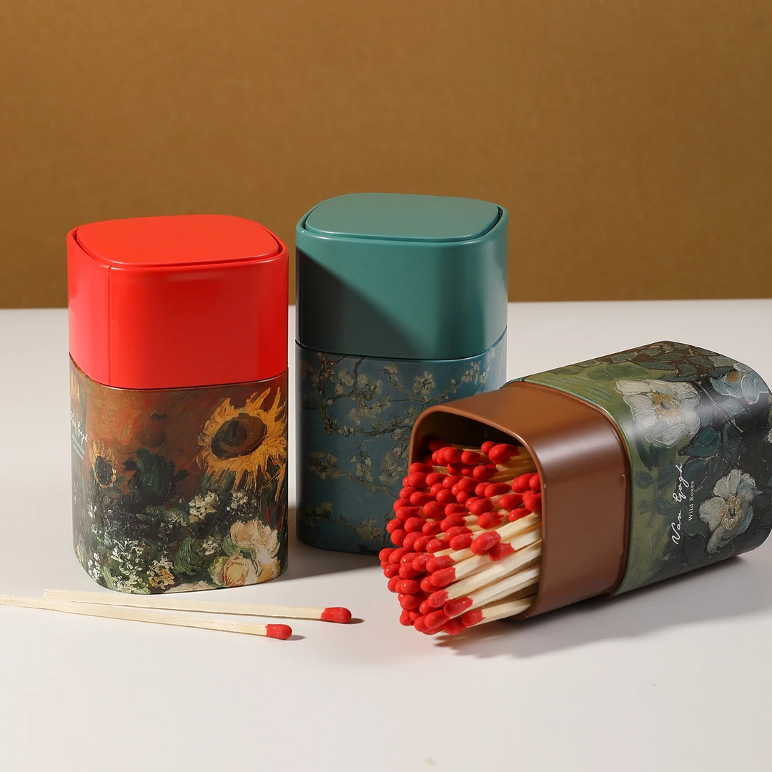 香薰蜡烛加长杆火柴红色点烟斗雪茄马口铁盒线香10cm老式复古安全