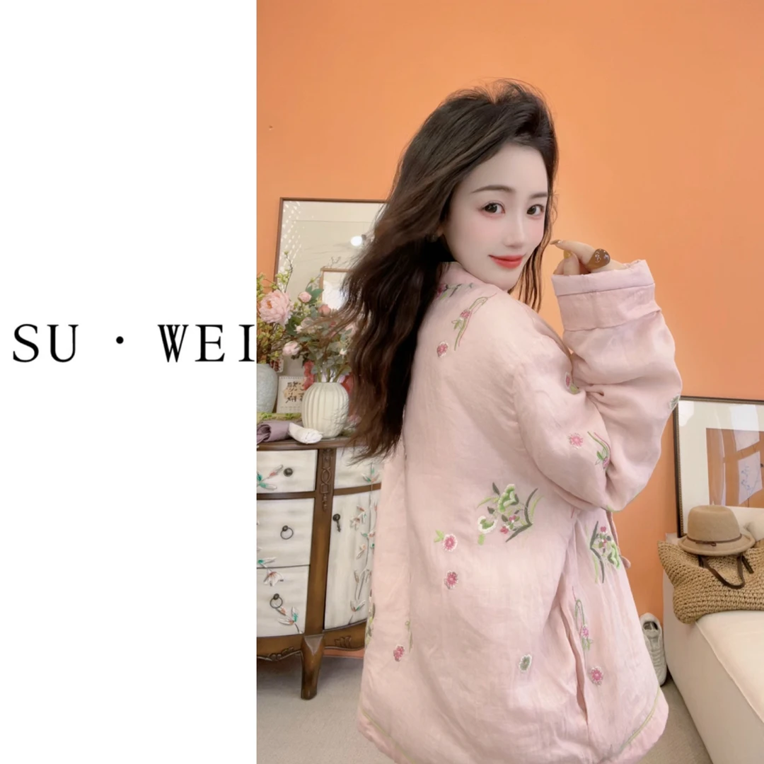 7119新中式国风复古立领刺绣保暖棉服外套花间月款式