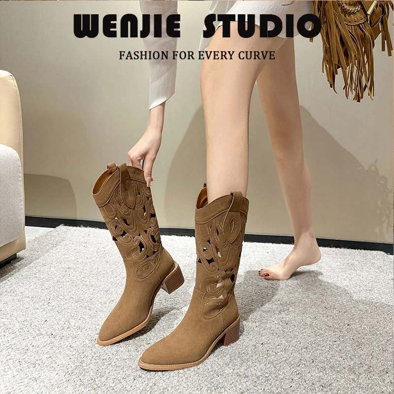 尖头高跟长筒靴镂空西部牛仔靴2025新款复古加宽v口透气长靴大码