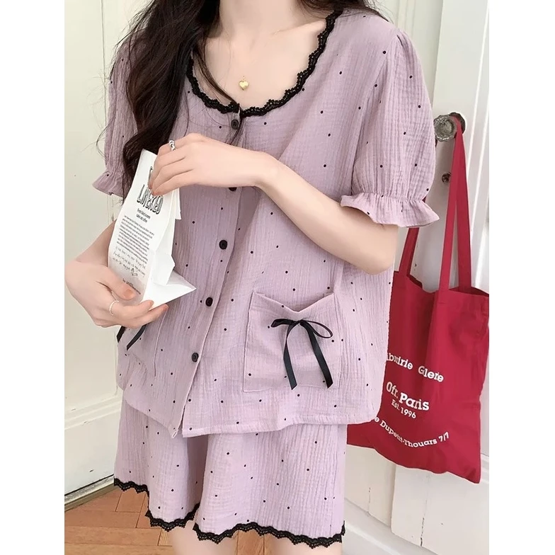 韩版ins圆点睡衣女2025年夏季新款圆领蕾丝花边家居服套装可外穿