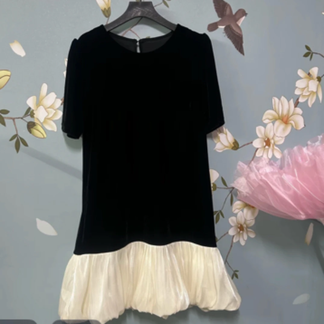 夏季新款法式中长款拼接连衣裙宽松显瘦洋气百搭