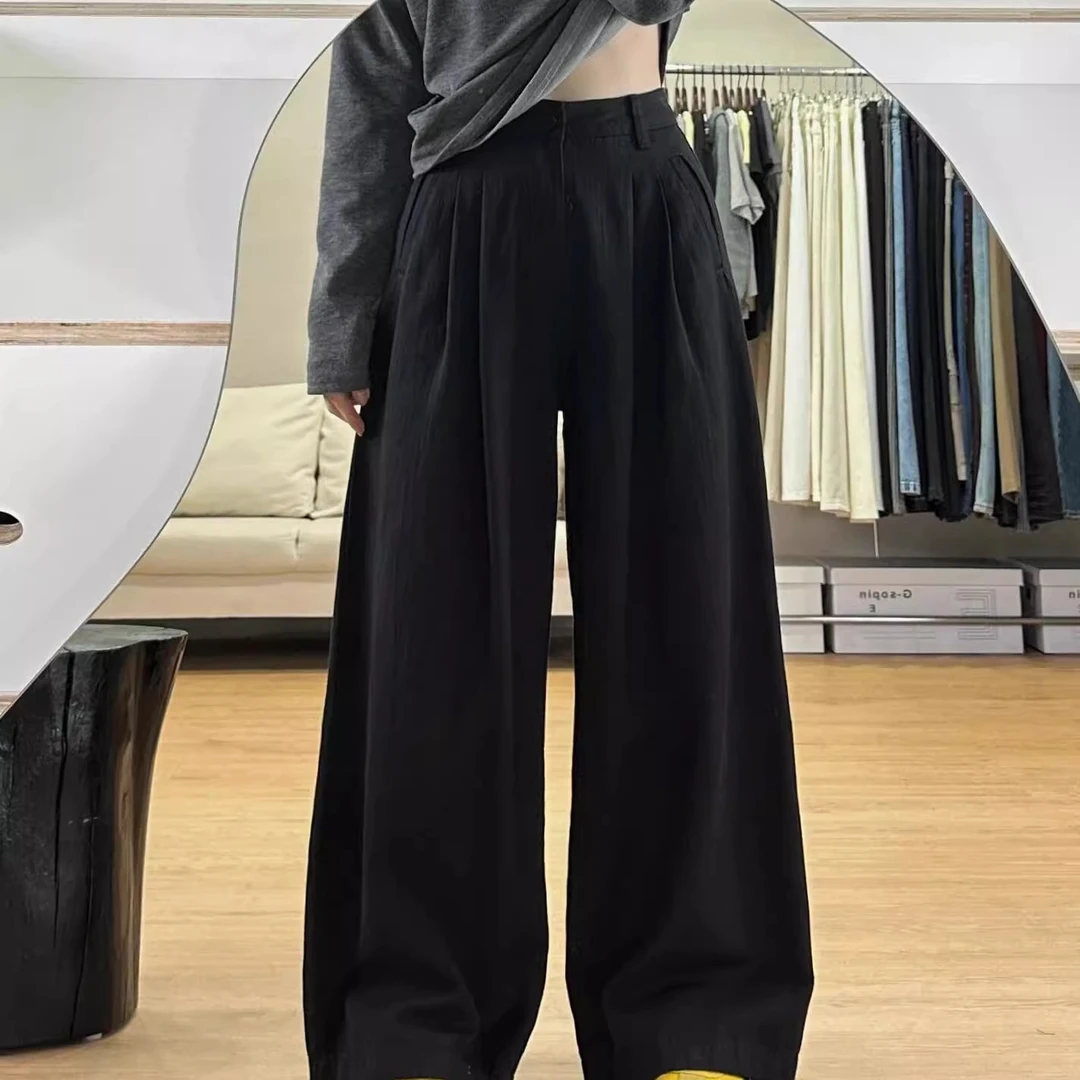 微胖mm肌理感黑色阔腿牛仔裤女夏季新款褶皱设计感宽松显瘦直筒裤