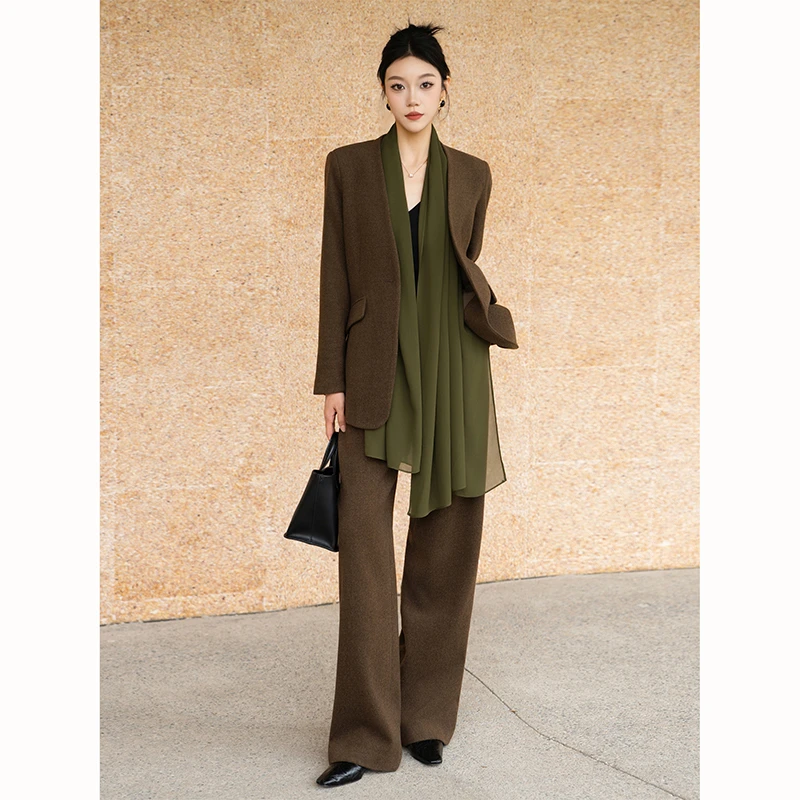 高定系列职业正装高级感秋冬气质羊毛混纺西服阔腿裤配丝巾三件套