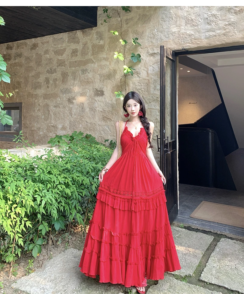 海边沙滩绝美连衣裙吊带度假长裙红色性感露背仙女夏季拖地氛围感