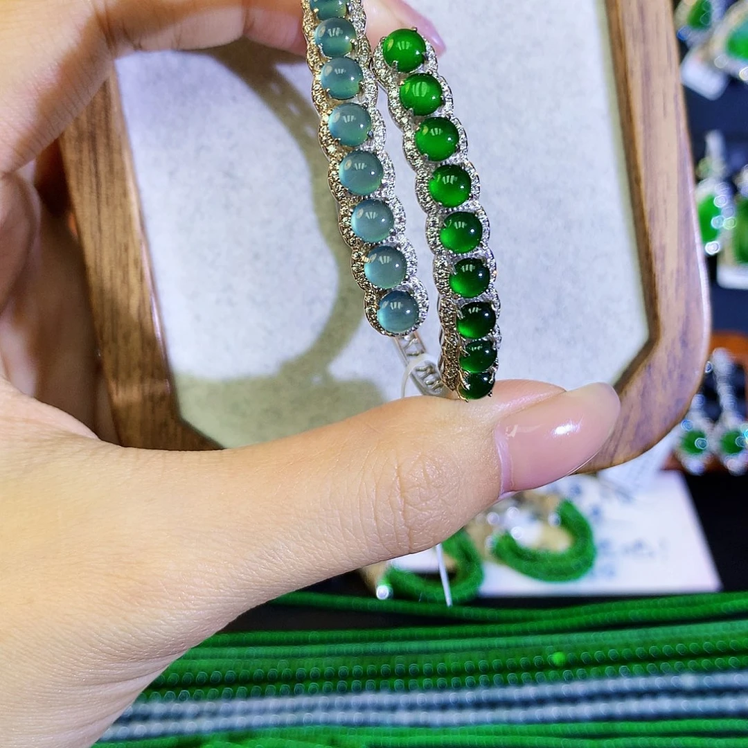 翡翠手镯银S925镶嵌天然翡翠手镯