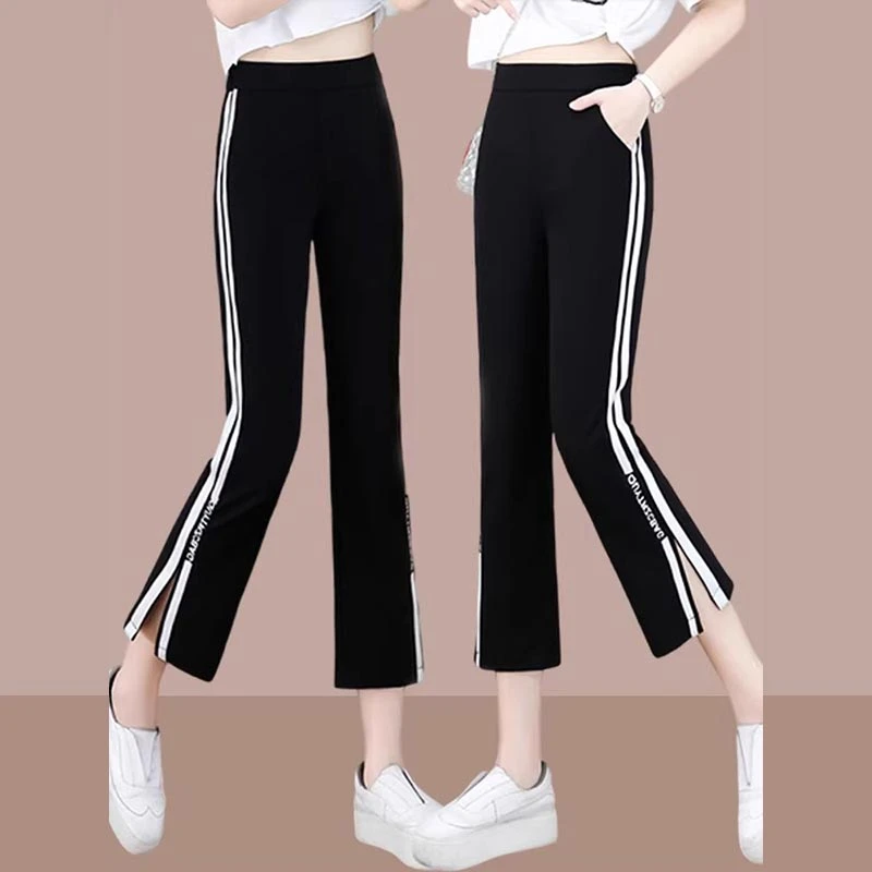 高腰长裤简约百搭休闲裤时髦设计感2025年夏新款女微喇裤显瘦条纹