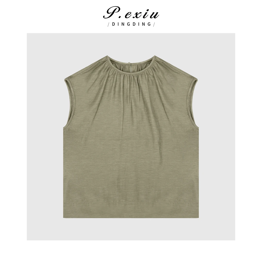 PanYiXiu/潘依绣天丝醋酸复古褶皱设计无袖衬衫 W-63201