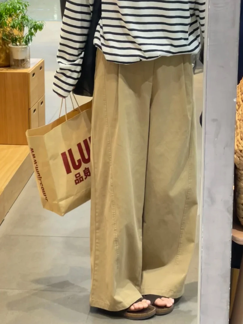 慵懒卡其工装休闲裤女款高腰显瘦大码秋季新款垂感宽松直筒阔腿裤