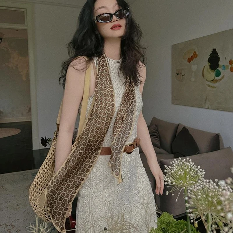 时髦老钱 法式复古重磅印花100%桑蚕丝 百搭飘带长丝巾