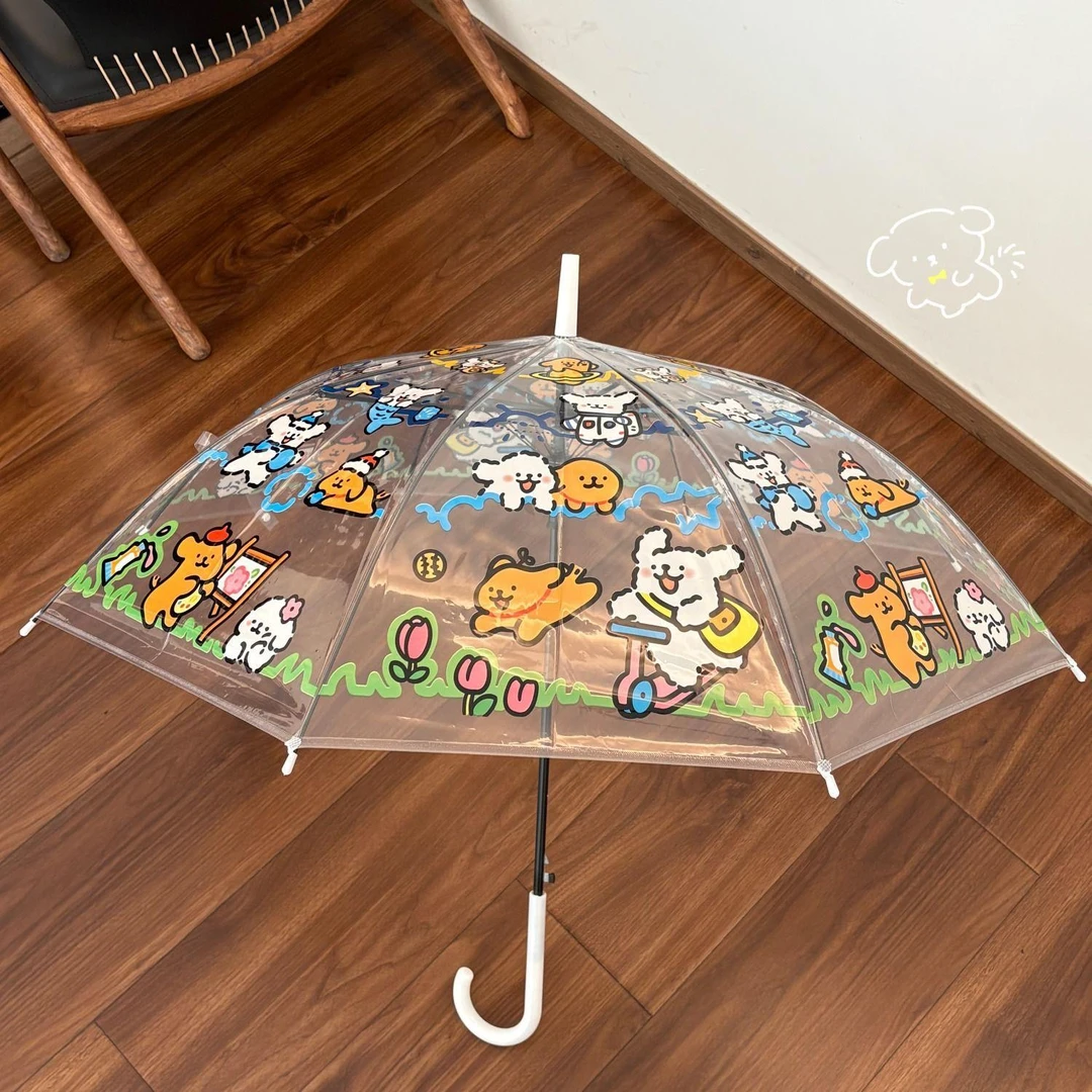【艺凡】线条小狗透明雨伞可爱卡通长柄ins加厚折叠全自动车内道具