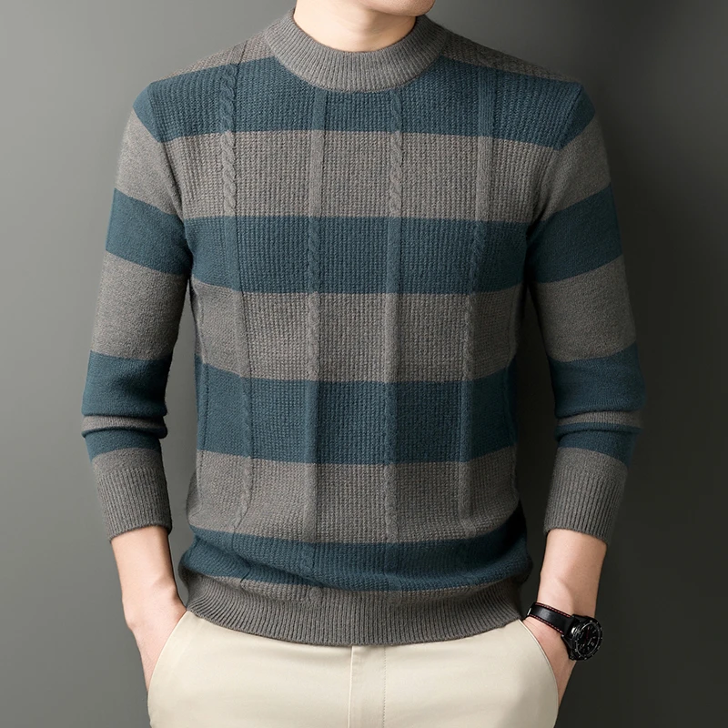 男士冬季新款加厚卫衣圆领保暖针织衫中年半高领条纹毛衣百搭打底