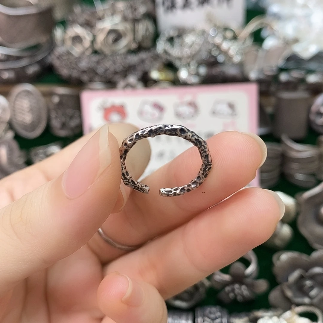 无合金925纯银可调节锤纹戒指