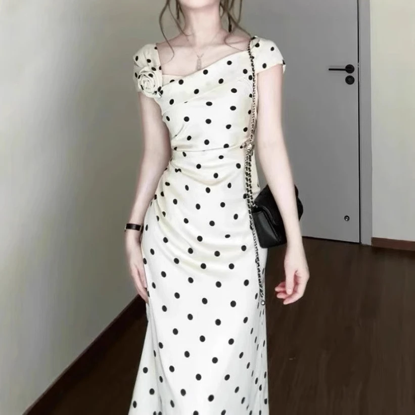 欧洲站夏季2025新款法式高级感方领气质长裙收腰显瘦波点连衣裙女