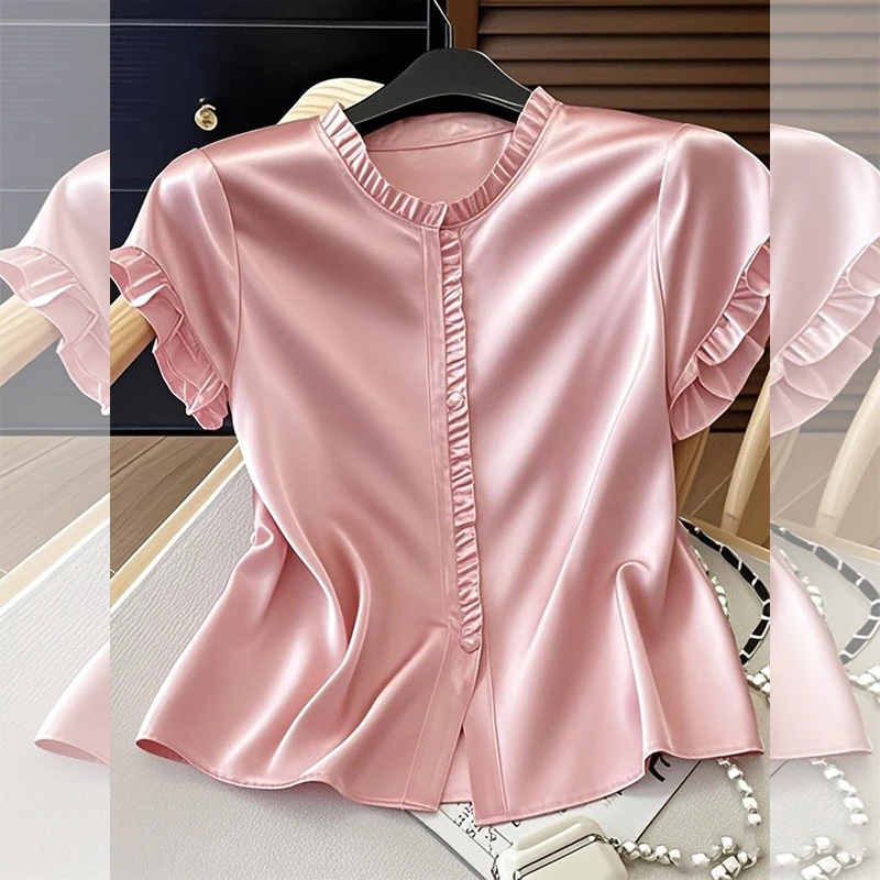 粉色多巴胺衬衫女夏季新款百搭独特荷叶边短袖t恤小飞袖时尚上衣