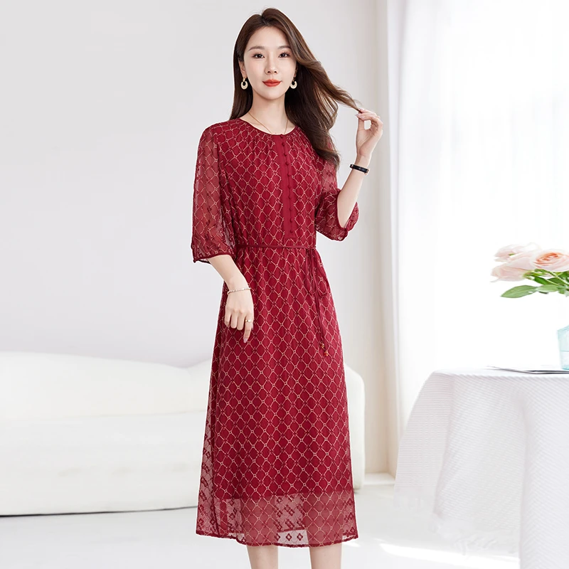 水墨佳人夏季新款100%桑蚕丝刺绣连衣裙82599092