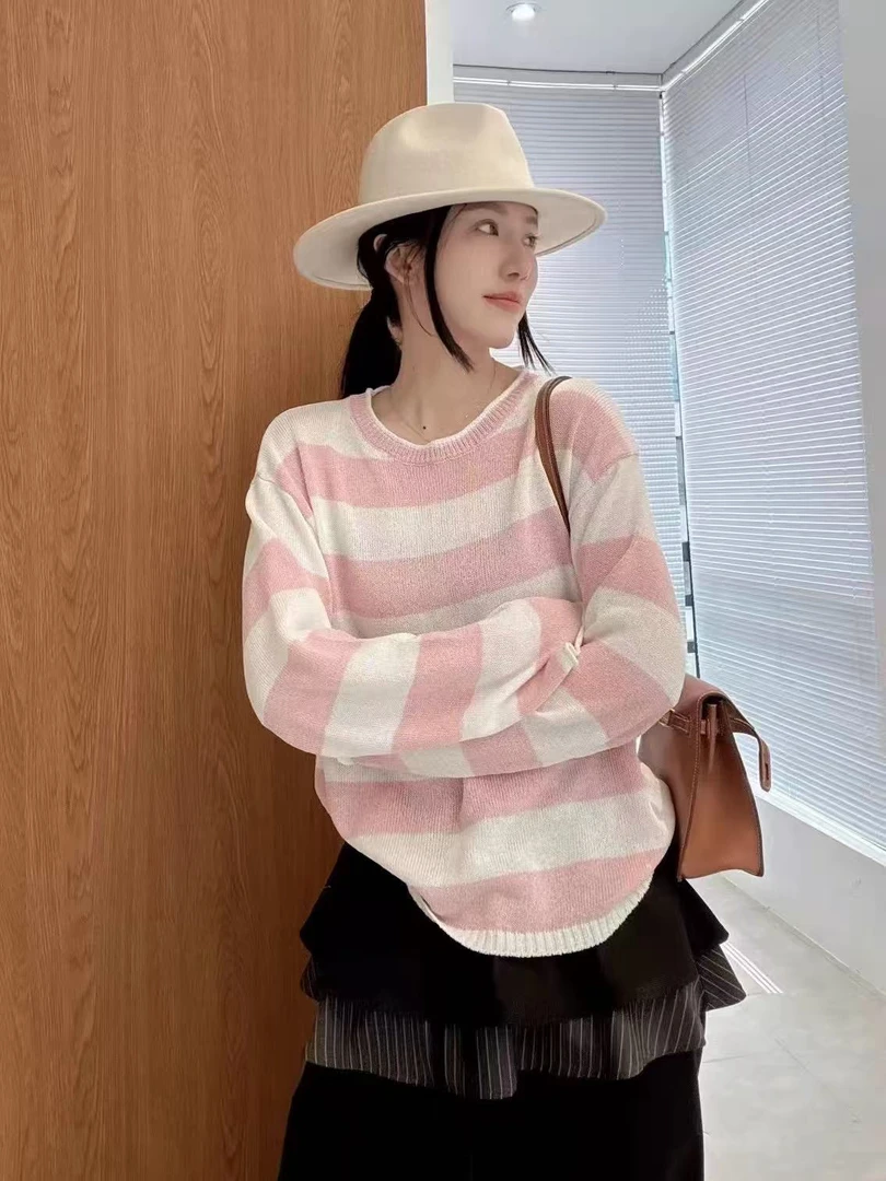 2025春季新款圆领长袖条纹拼色宽松慵懒针织衫上衣女1357