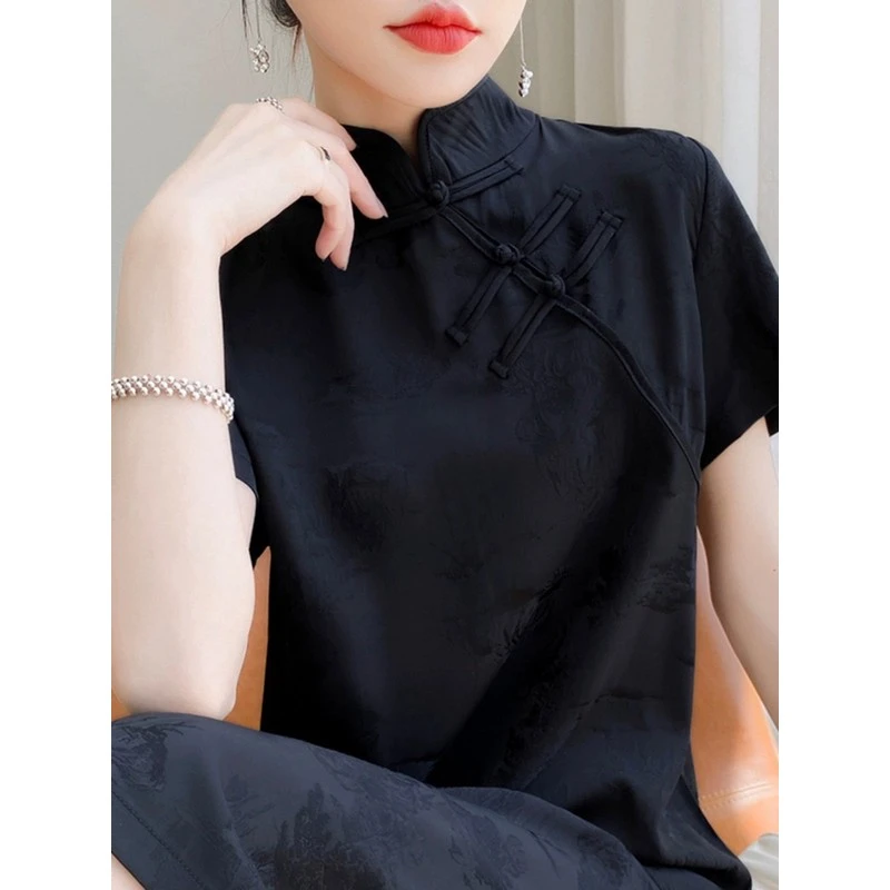 新中式高端改良旗袍连衣裙女夏季新款优雅盘口立领醋酸开叉长裙子