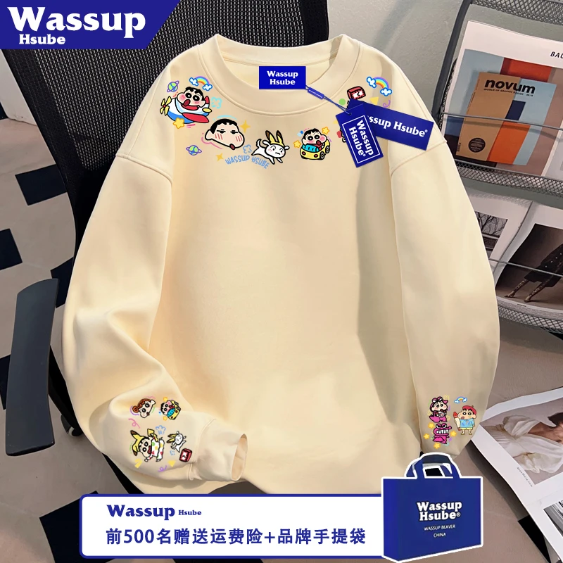 WASSUP HSUBE小新印花T恤秋季纯棉杏色长袖中性ins男女款宽松上衣