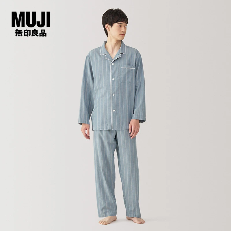 无印良品 MUJI 男式 无侧缝 双层纱织睡衣 条纹长袖秋季