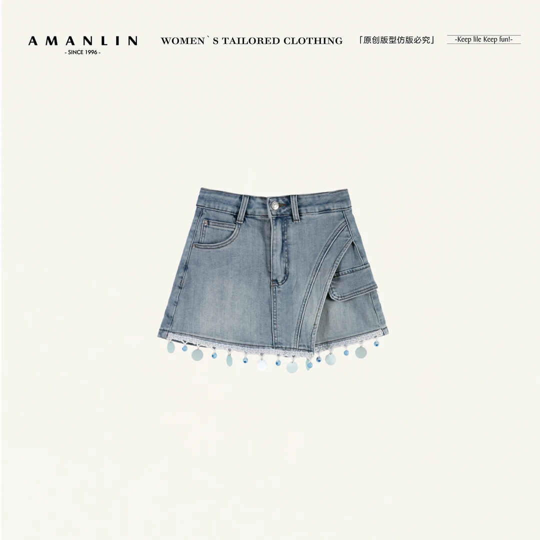 AMANLIN/阿谩琳欧若风设计感高腰弹力百搭小个子a字短裙TL597035