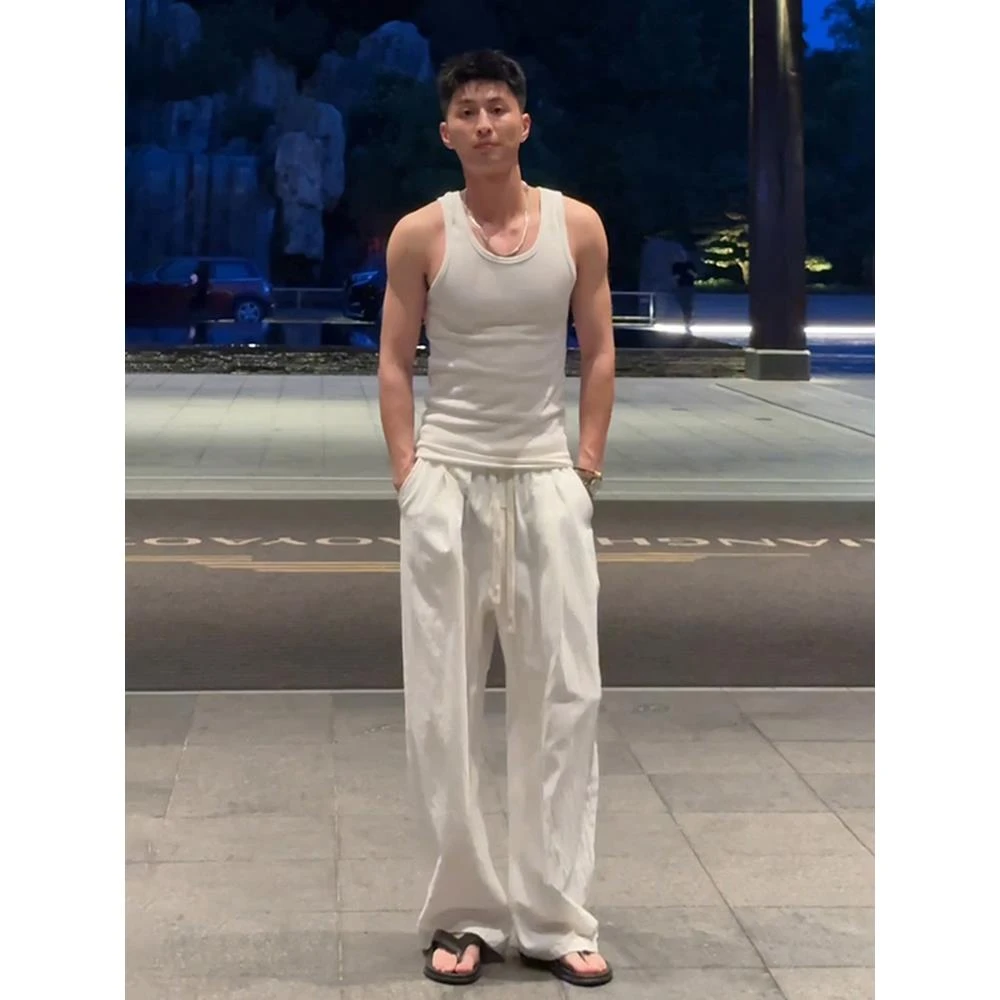 白色老钱风亚麻裤子男款夏季薄款垂感高级感棉麻裤弯刀阔腿休闲裤