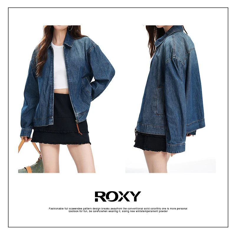 Roxy秋冬新款老钱风复古宽松夹克拉链牛仔外套女