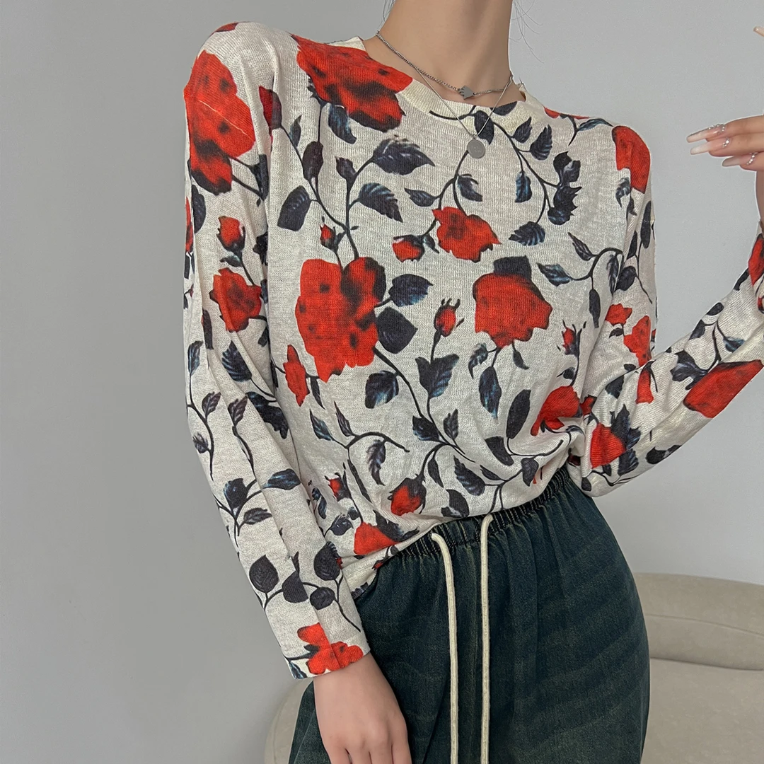 【蔷薇红】玫瑰印花复古港风空调衫防晒针织T恤上衣女夏W23AF280