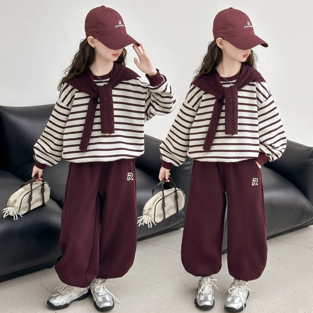 女童套装秋季新款时尚休闲韩版条纹披肩套装120-170（价格已开）