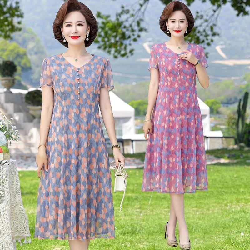 妈妈装夏季连衣裙宽松舒适时尚休闲中老年印花显瘦遮肚新款裙子