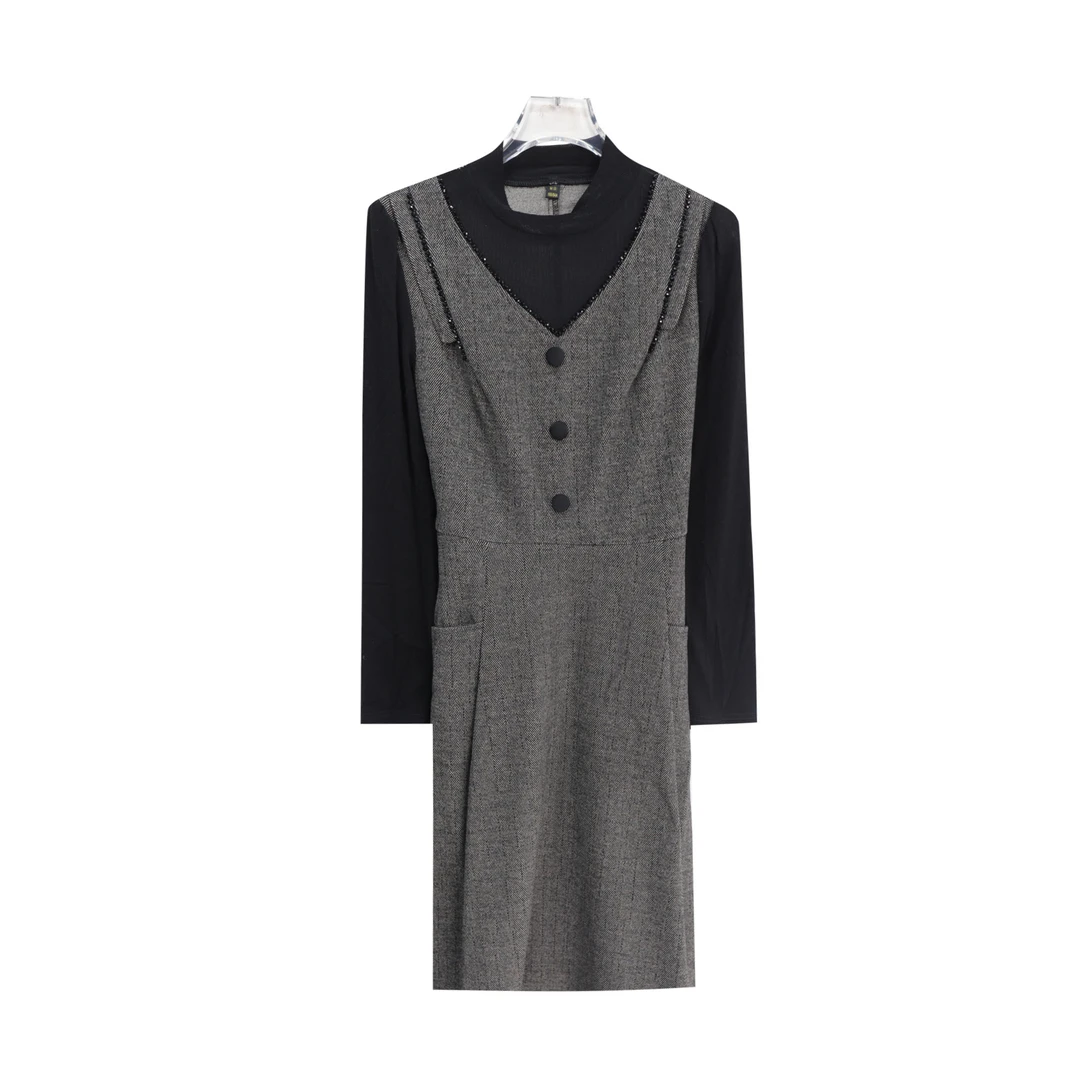 时尚拼色假两件长袖收腰连衣裙S4583（赠腰带）