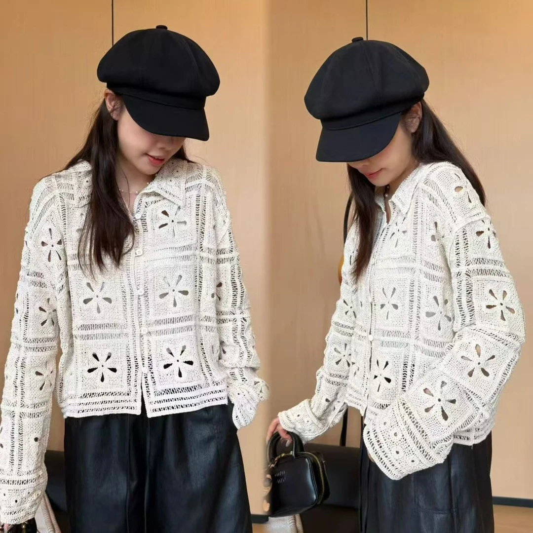 二姐的宝藏早秋新款极简百搭风棉线钩织立体镂空翻领外套#25287