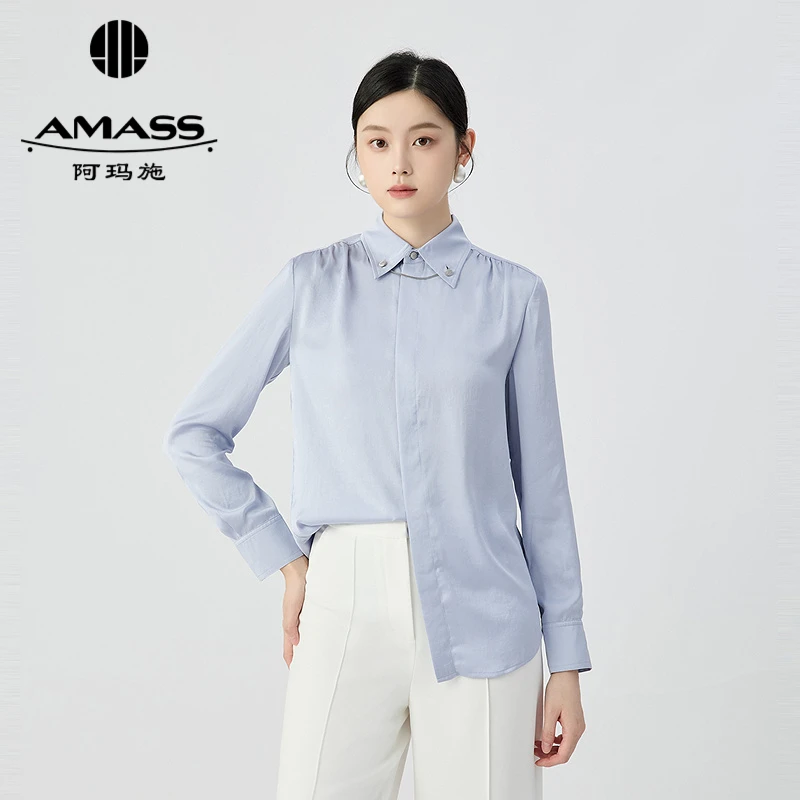 阿玛施AMASS色丁长袖单排扣衬衫轻职场简约衬衣附金属链扣5300988