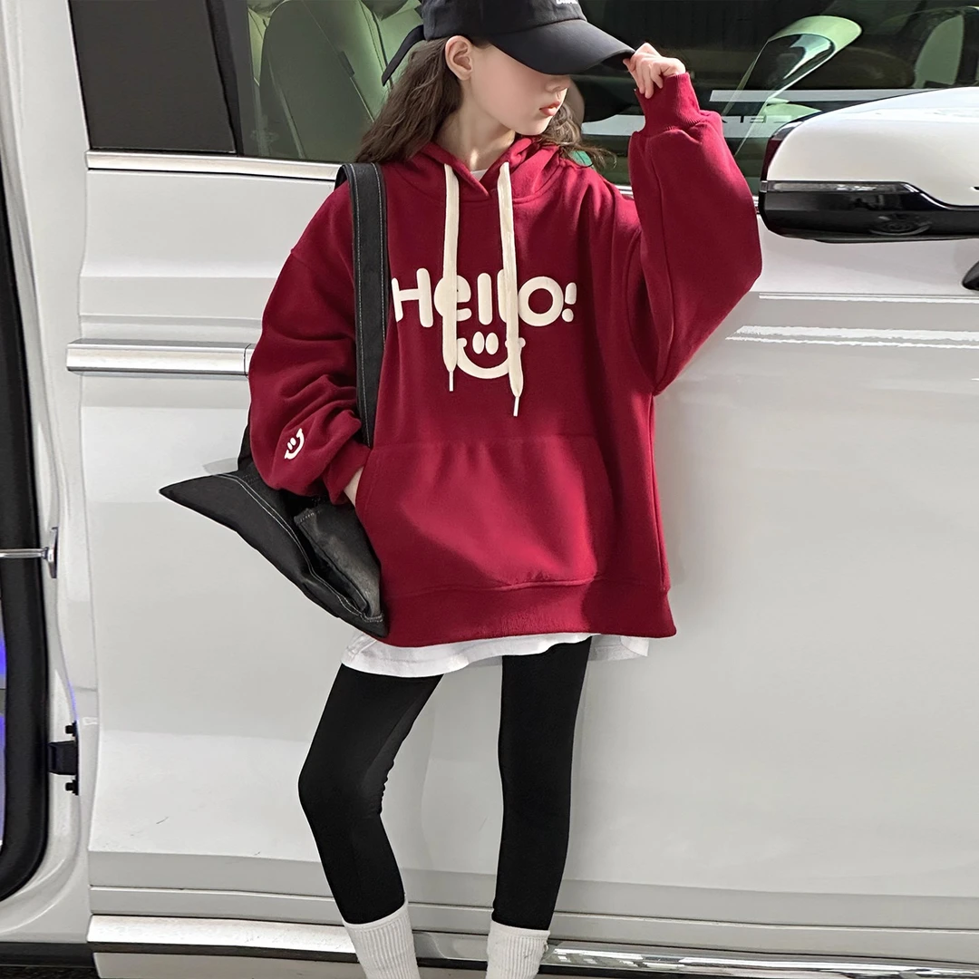 女童加绒卫衣秋冬装2025新款女大童韩系连帽一体绒上衣超好看衣服