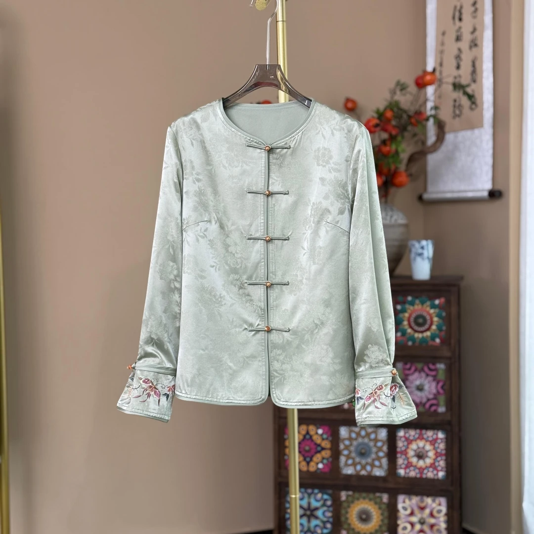 【迷蝶】时尚淑雅百分百桑蚕丝提花上衣新中式刺绣日常打底衫外套女