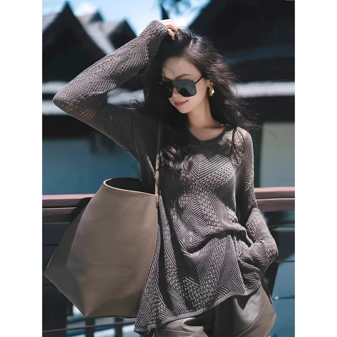 复古慵懒风氛围感镂空长袖针织衫春秋新款宽松显瘦套头罩衫上衣女