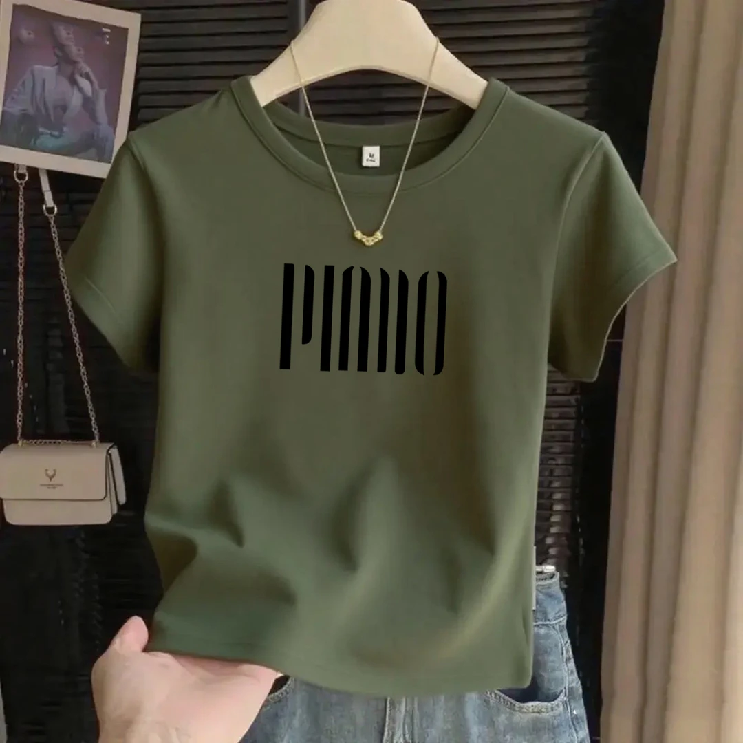 设计感圆领正肩螺纹棉短袖t恤女减龄洋气显瘦春夏秋复古军绿女士