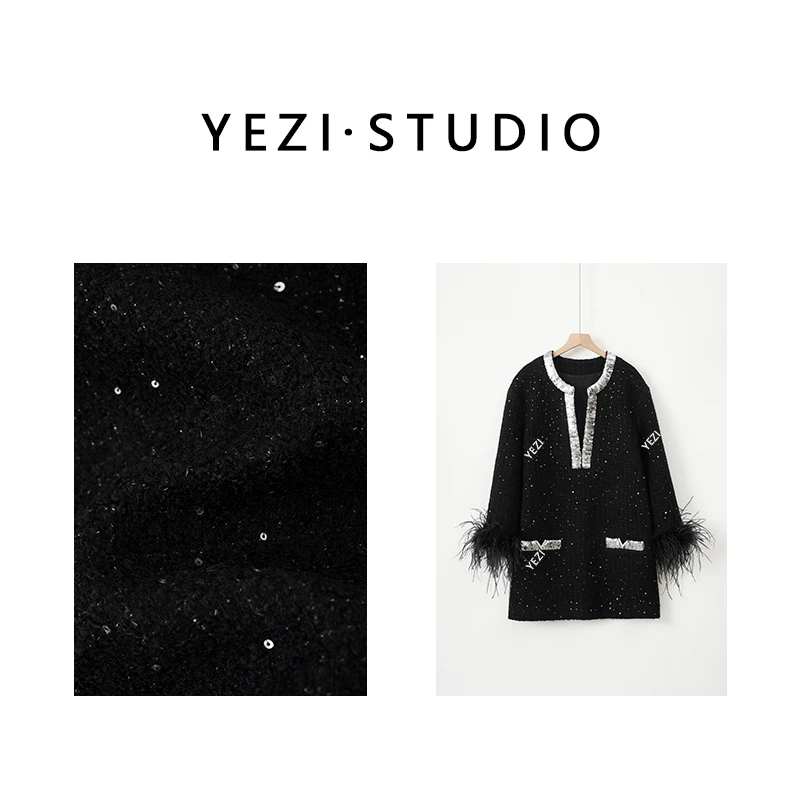 叶子定制【星光战袍】高奢驼鸟毛珠片V领粗花连衣裙24431401-11/23