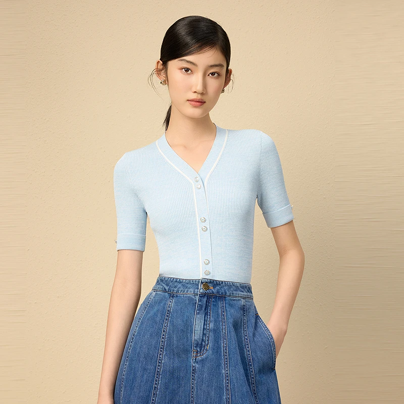LIME/莱茵【生活艺术家】夏季显瘦V领针织套头衫水蓝色LDGB3BKPR006