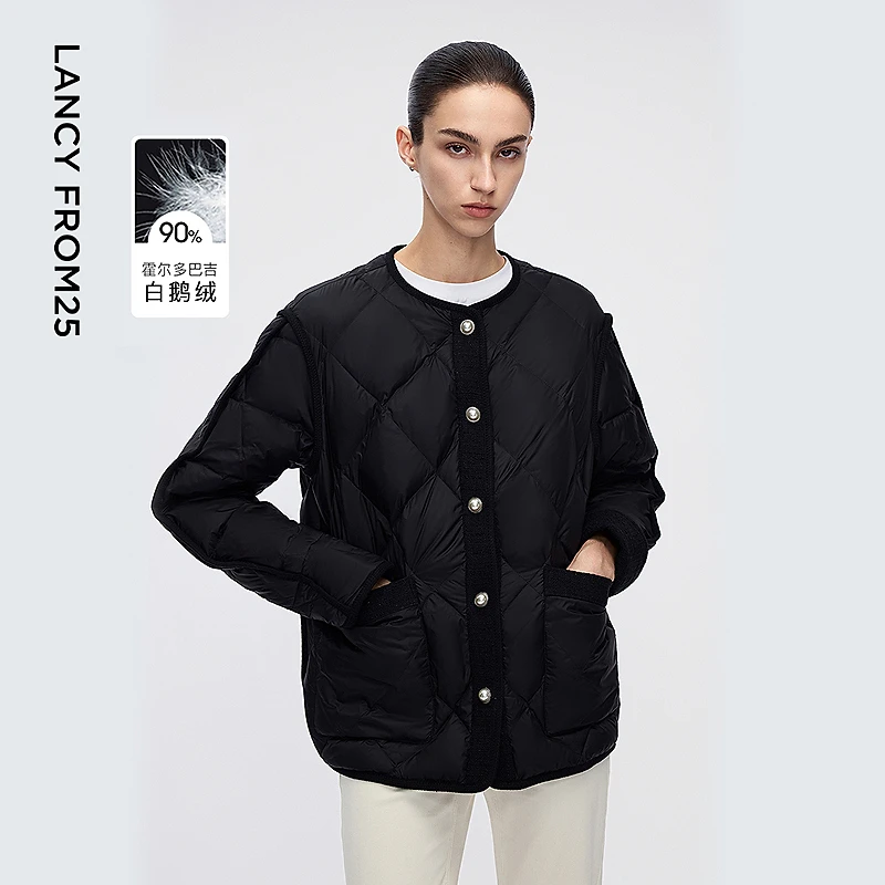 朗姿霍尔多巴吉白鹅绒法式小香风圆领羽绒服外套气质冬季新款上衣