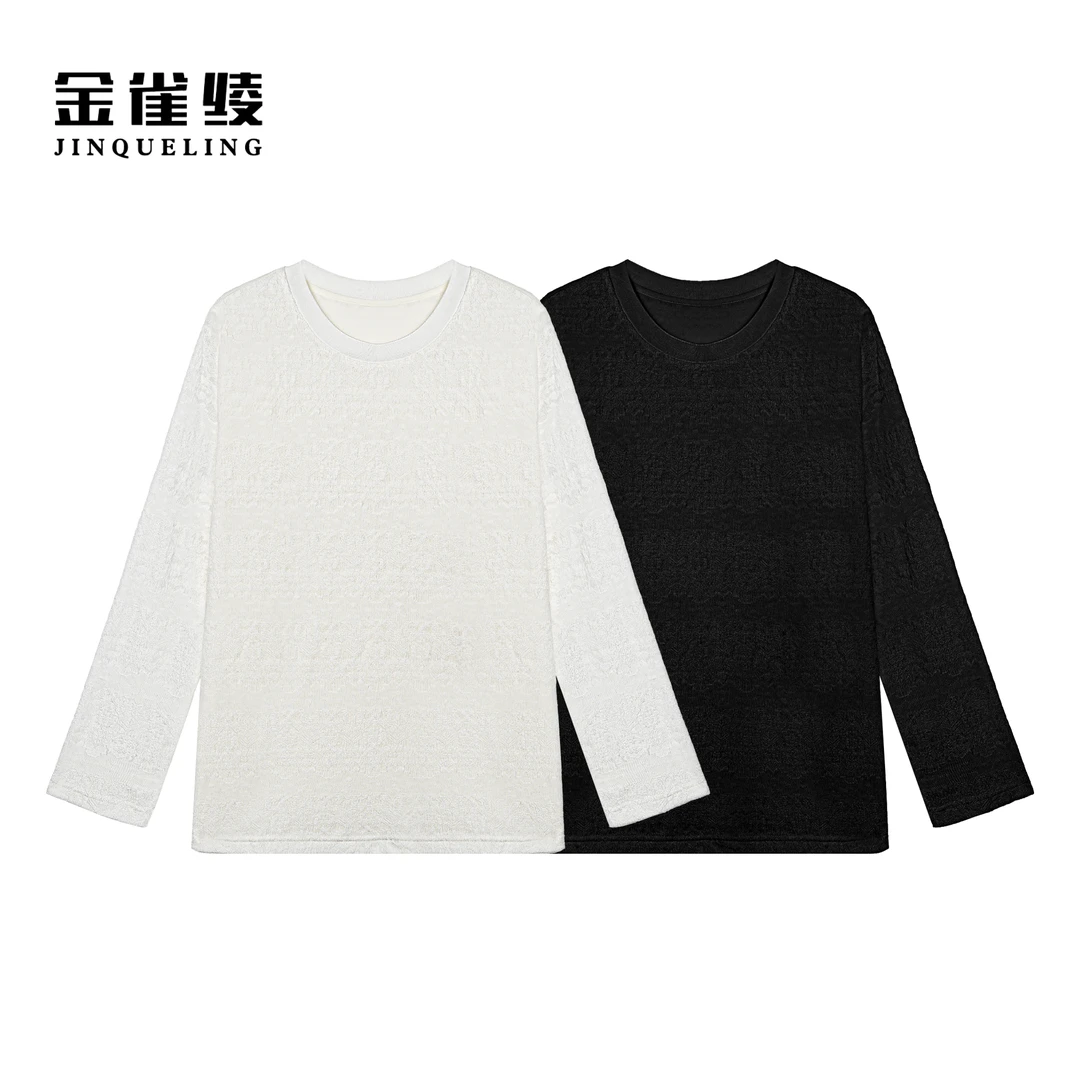 金雀绫【白月光】设计款提花针织加宽加大长袖T恤套头衫SZA3SL634