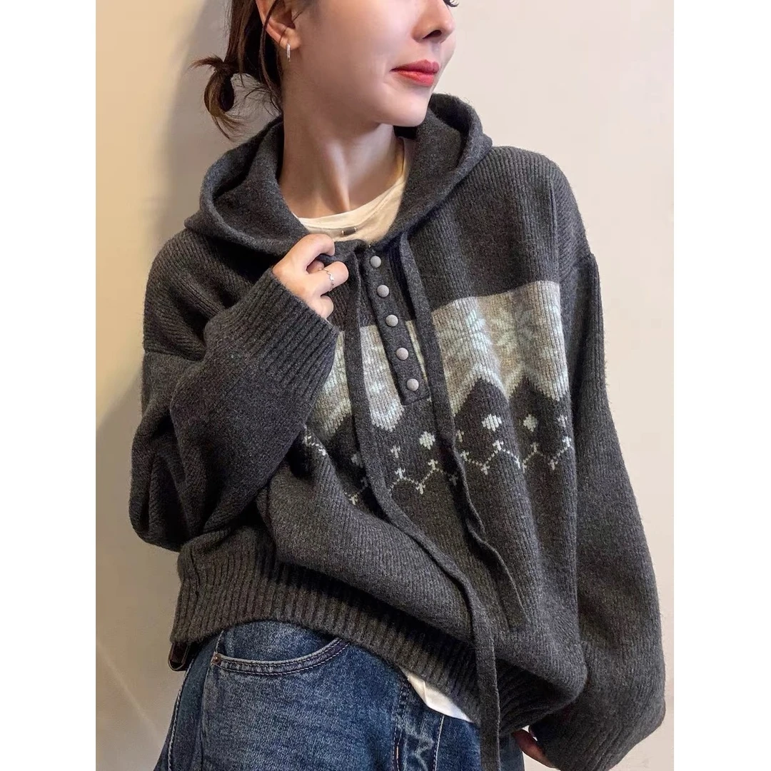 HMY5112906 2025新款撞色刺绣雪花连帽抽绳毛衣