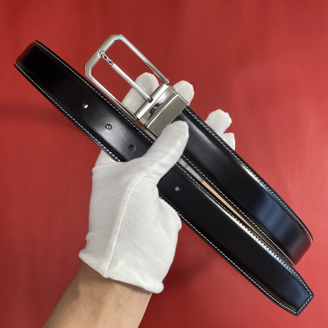 百创手作-意大利马缰头层牛皮黑色双面皮带休闲腰带百搭光面真皮