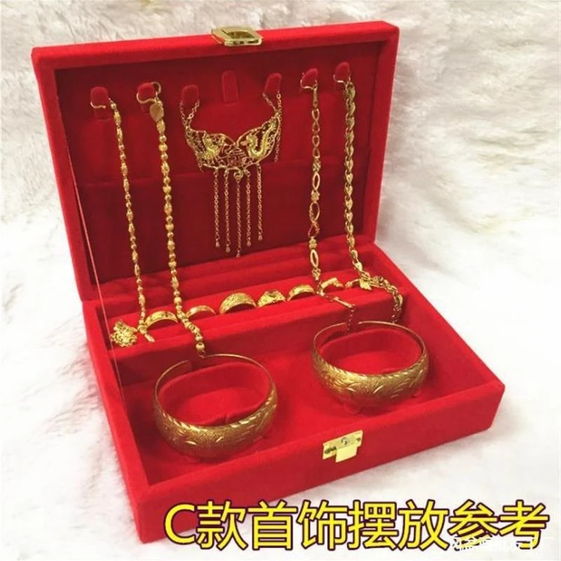 五金首饰盒婚庆金饰盒大红双手镯三金套盒黄金礼盒嫁娶红绒聘礼盒