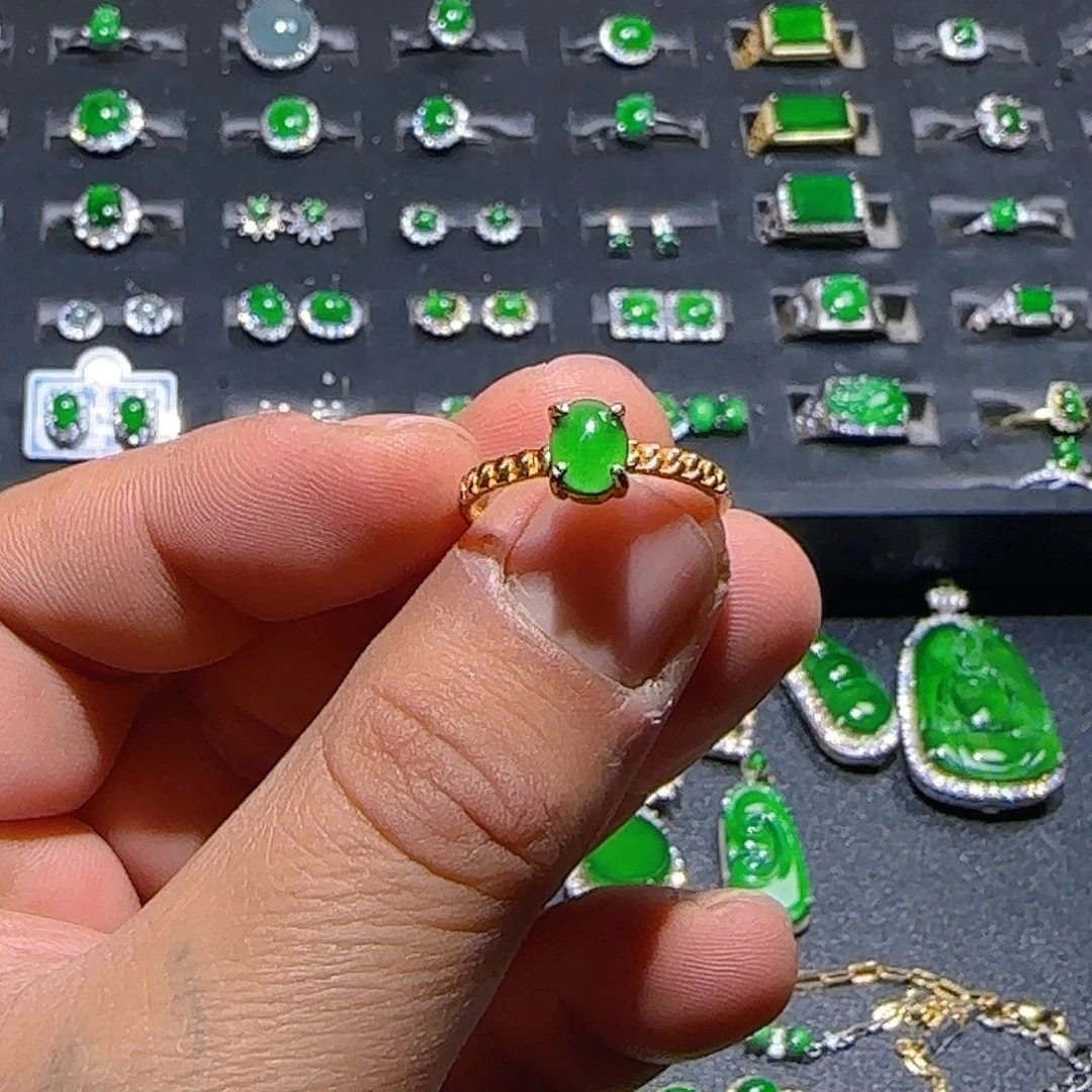 翡翠银S925镀金镶嵌戒指