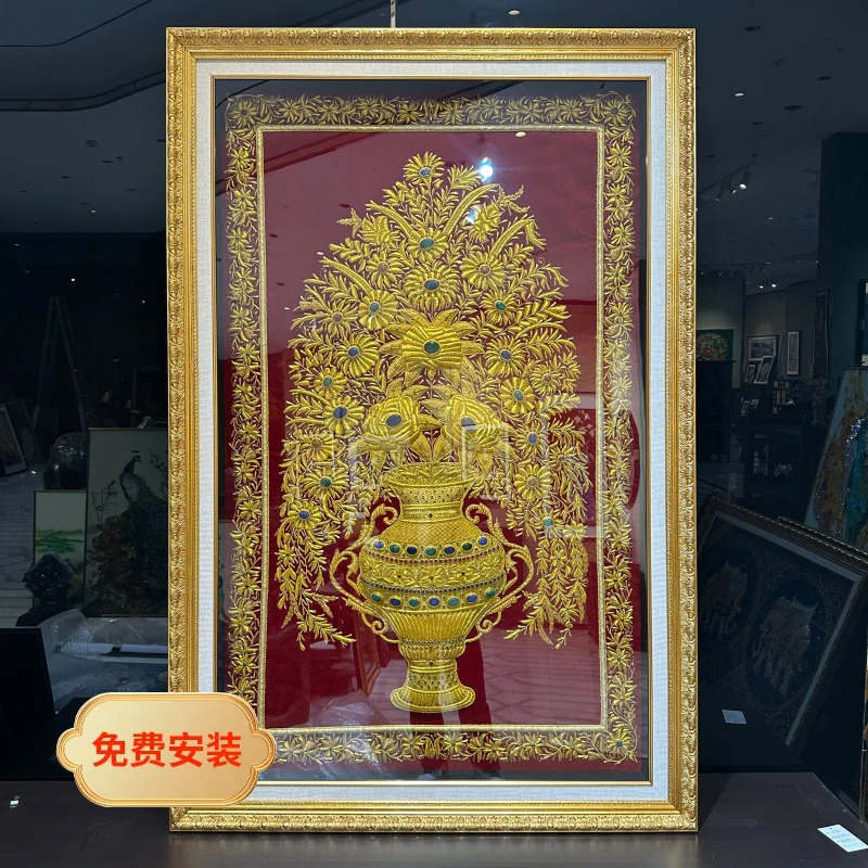 泰域大号《红底花开富贵》手工刺绣铜丝画 客厅背景墙挂画 装饰画