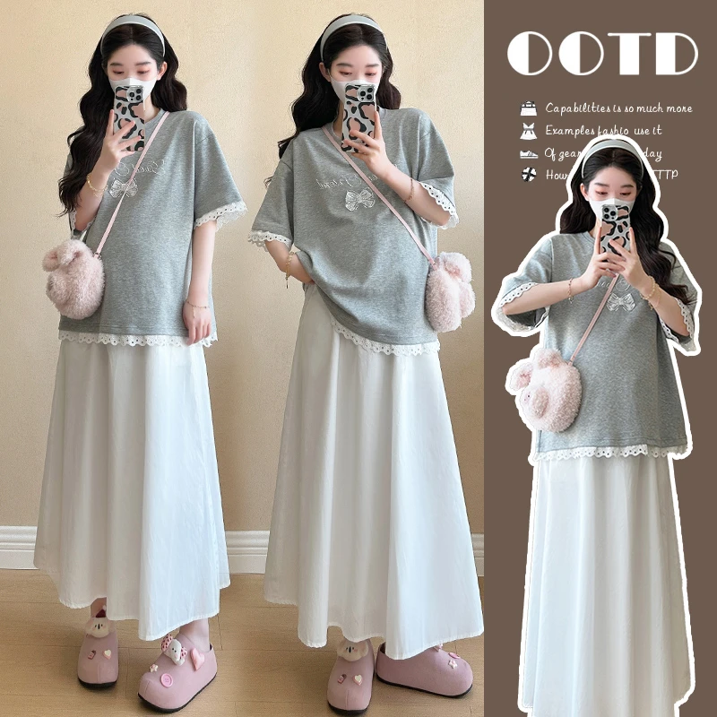 { 糕糕 }孕妇装2025夏季韩系立体蝴蝶结拼接蕾丝花边T+半身裙套装