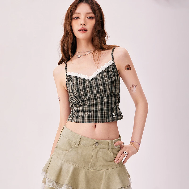 CHUU秋季女装字母刺绣风设计拼接格纹百搭撞色无袖显瘦背心