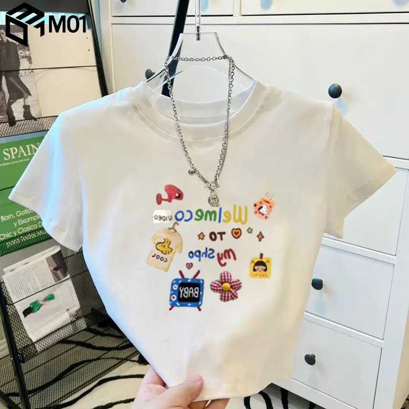 M01白色高腰短款t恤女上衣修身显瘦2025新款夏季正肩短袖体恤打底