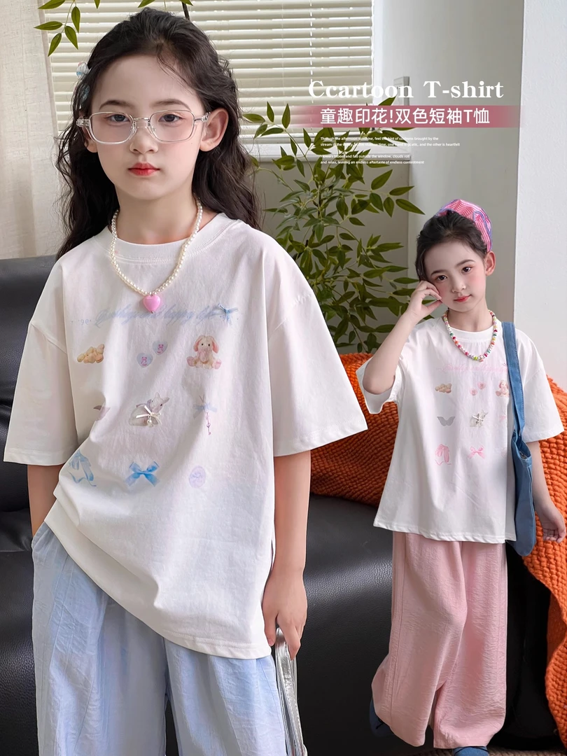 女童套装夏季2025新款儿童洋气T恤休闲阔腿裤韩版两件套25060211
