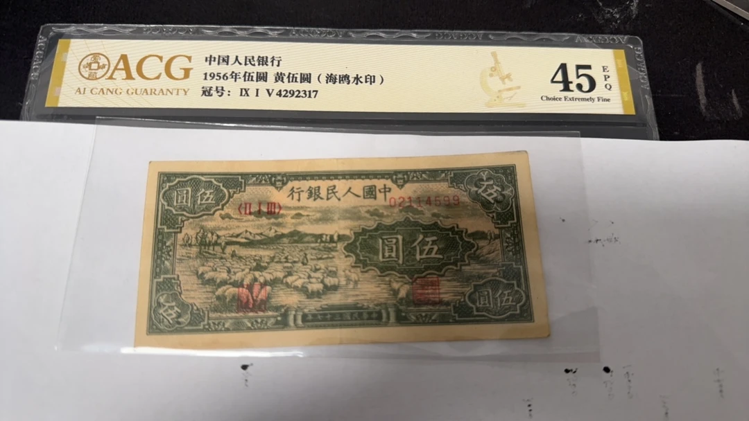 一版币5元小绵羊，裸币原票，尾9号码